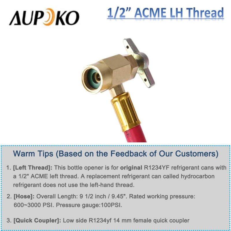 Aupoko R1234YF Refrigerant Charge Hose Kit with Gauge, 1/2â€ LH Self-sealing Can Opener Tap, 14mm R1234YF Low Side Quick Coupler, Air Condition Refrigerant Charging Pipe and Gauge - Image 5
